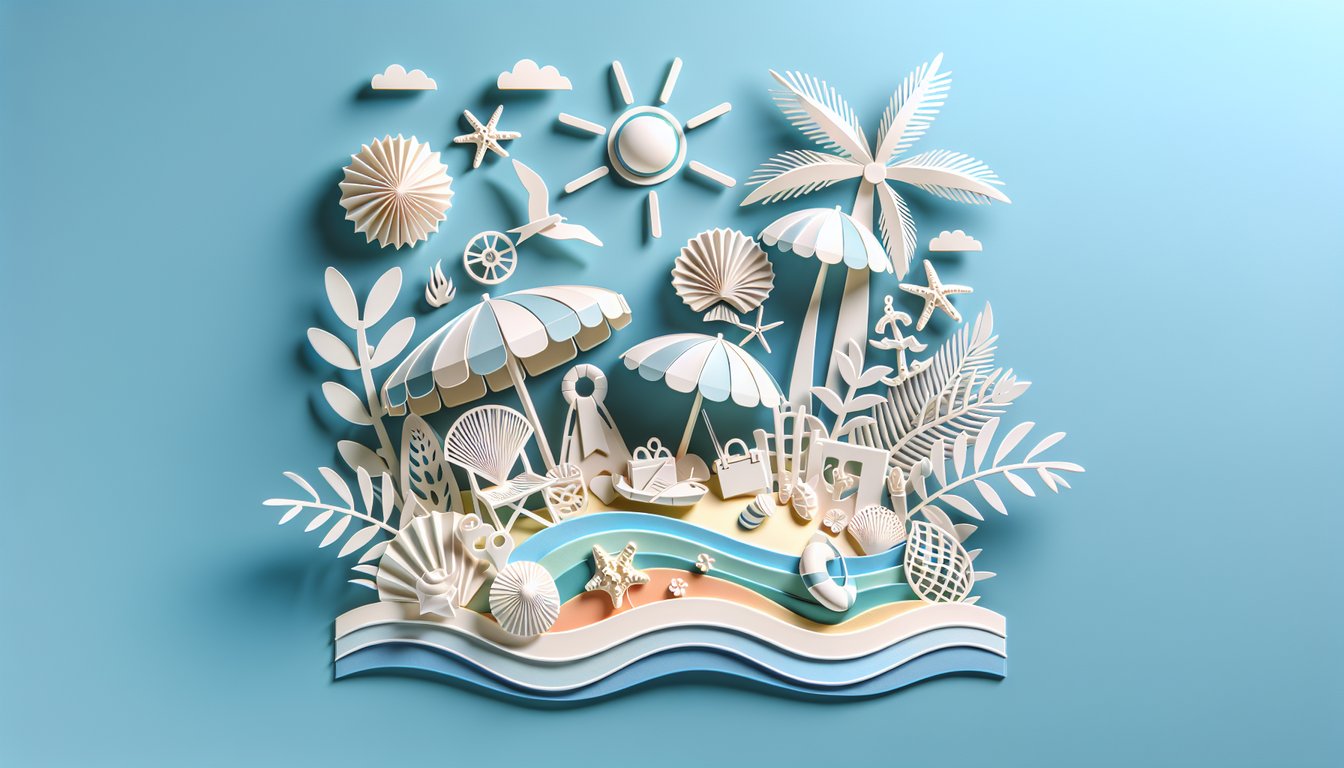 Paper art illustration featuring summer icons palm trees umbrellas suitcases passports quiz prompt on sky blue background