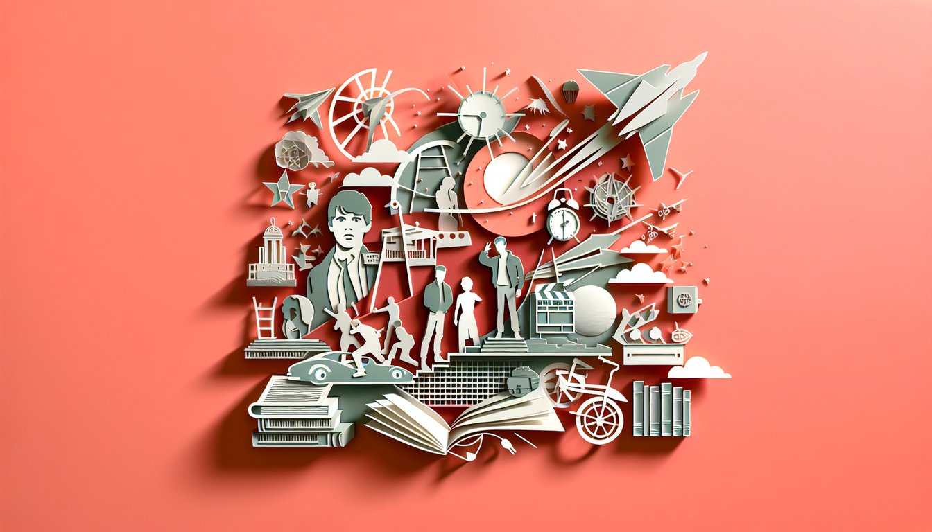 Paper art illustration showing layered book pages and iconic Outsiders characters for movie trivia quiz on coral background