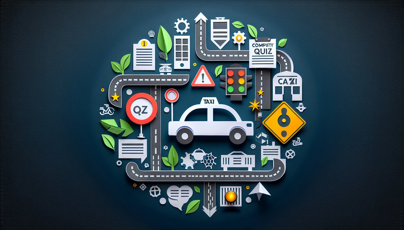Colorful paper art depicting a taxi and quiz elements for a Taxi Regulation Compliance Quiz.