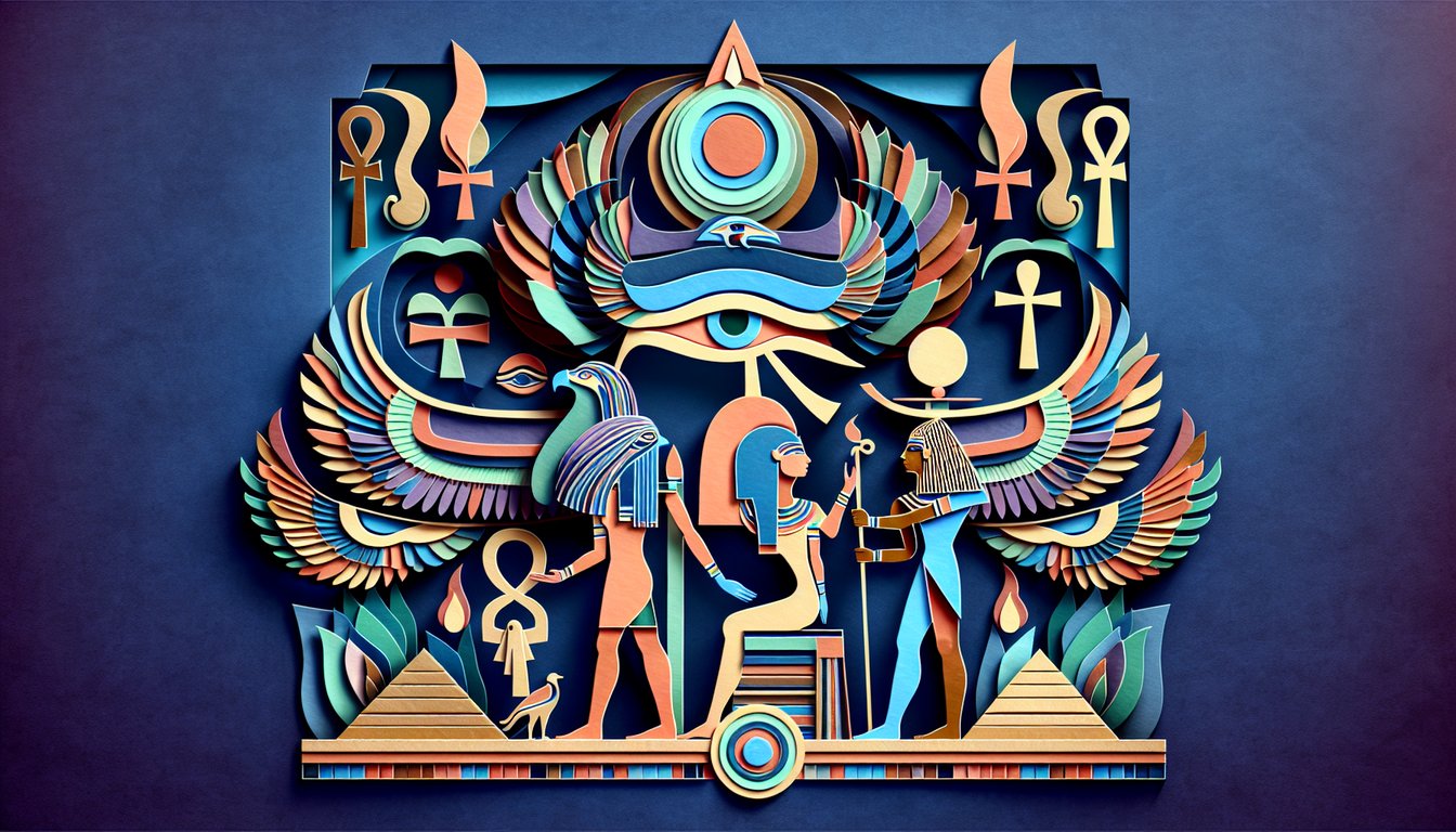 Paper art illustration for Egyptian mythology quiz on dark blue background