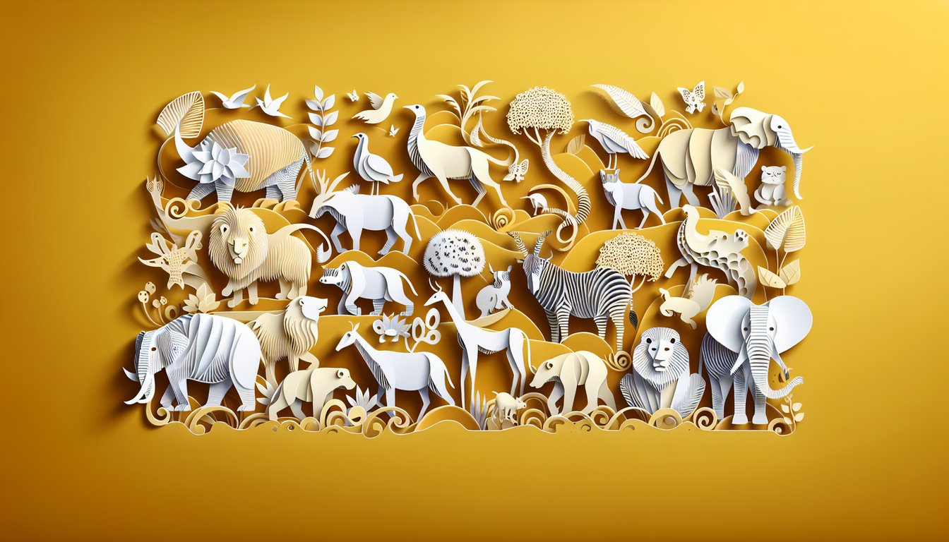 Paper art quiz illustration with animal trivia theme on a golden yellow background.