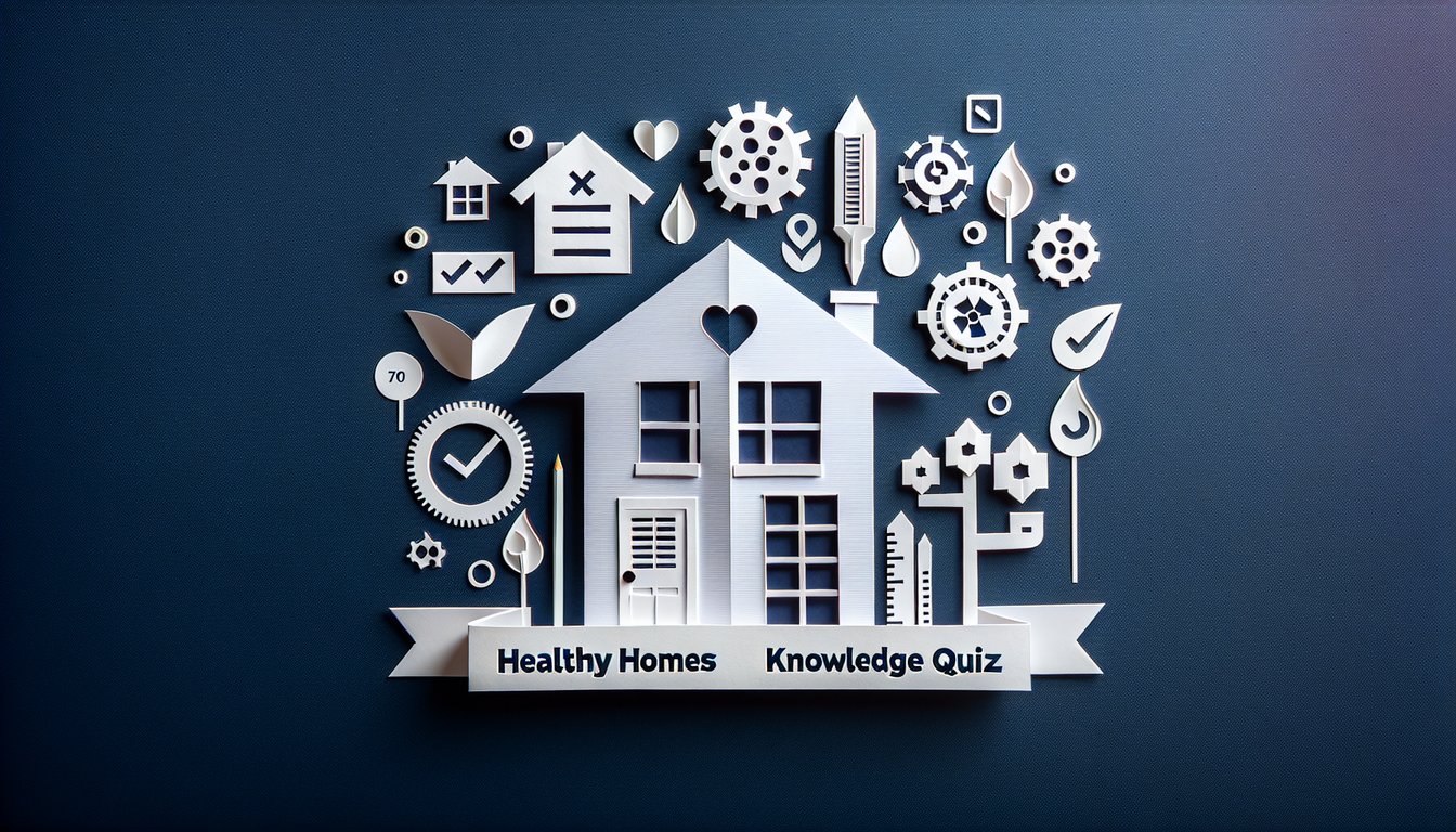 Colorful paper art depicting elements related to Healthy Homes Standards Knowledge Quiz.