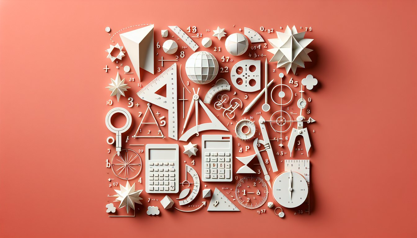 Paper art illustration for Math Bowl quiz with academic bowl math questions on coral background