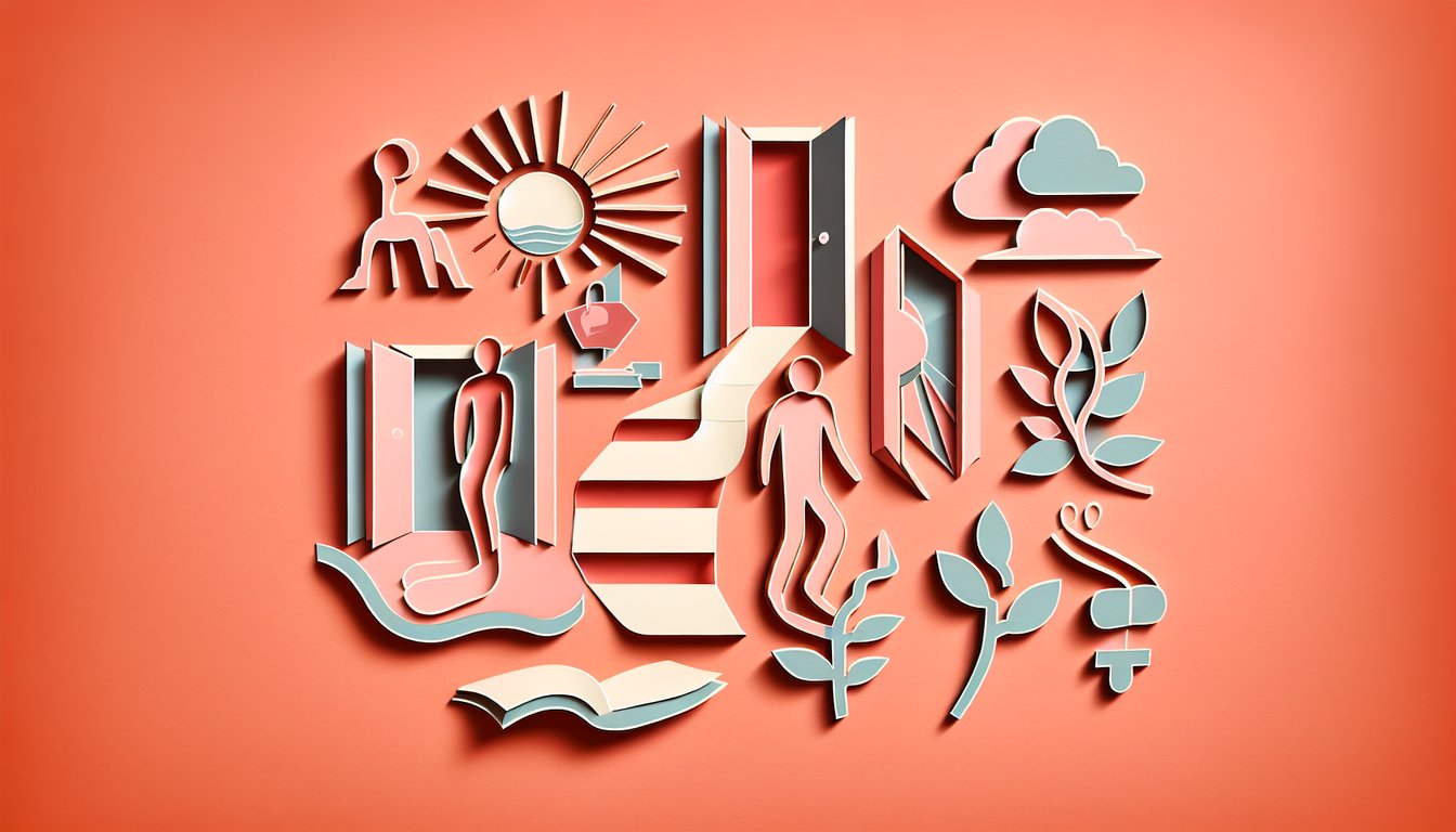 Paper art hearts breaking and healing around quiz prompt text on coral background