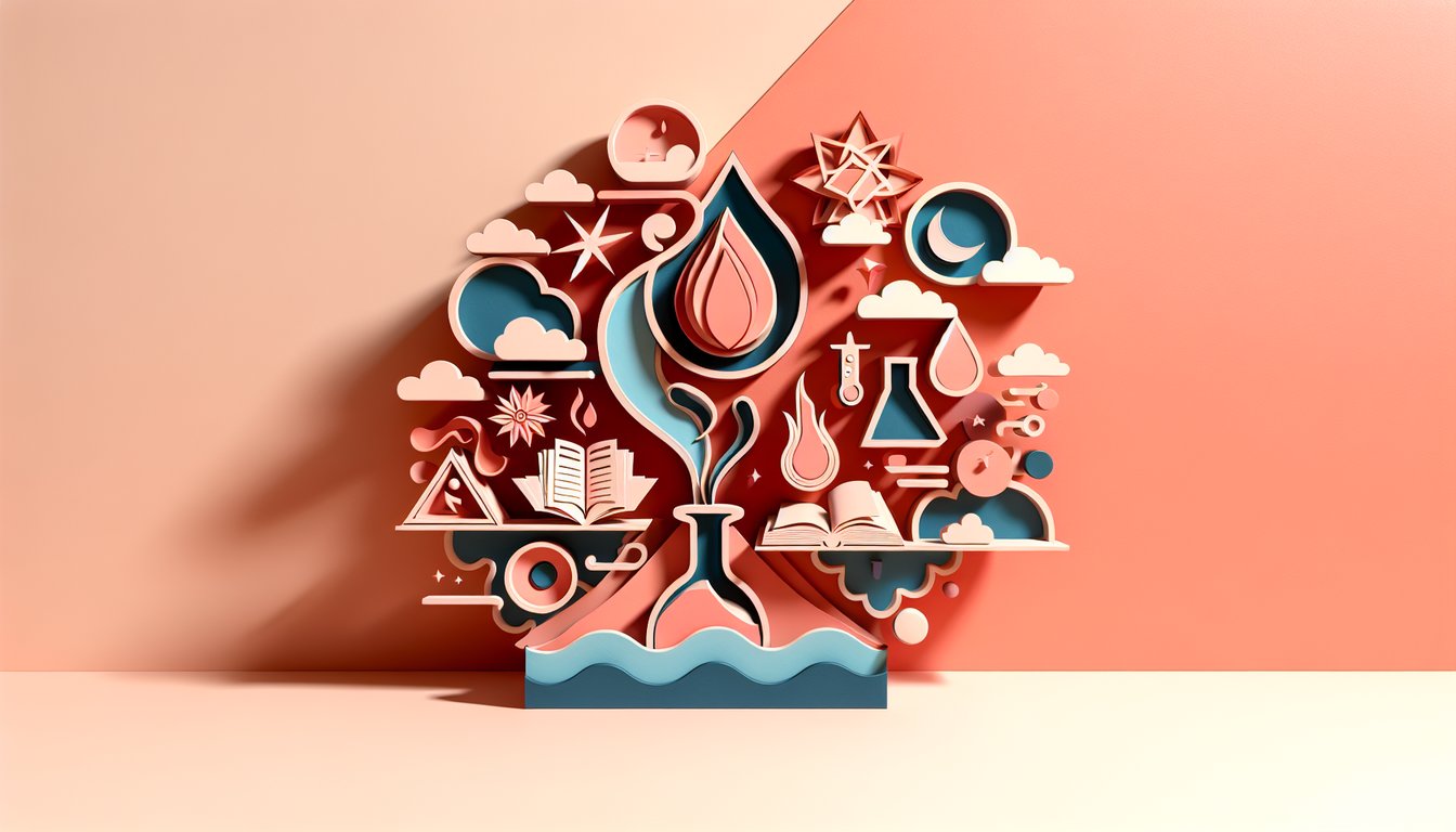 Paper art alchemy circles, character silhouettes on coral background for Fullmetal Alchemist personality quiz