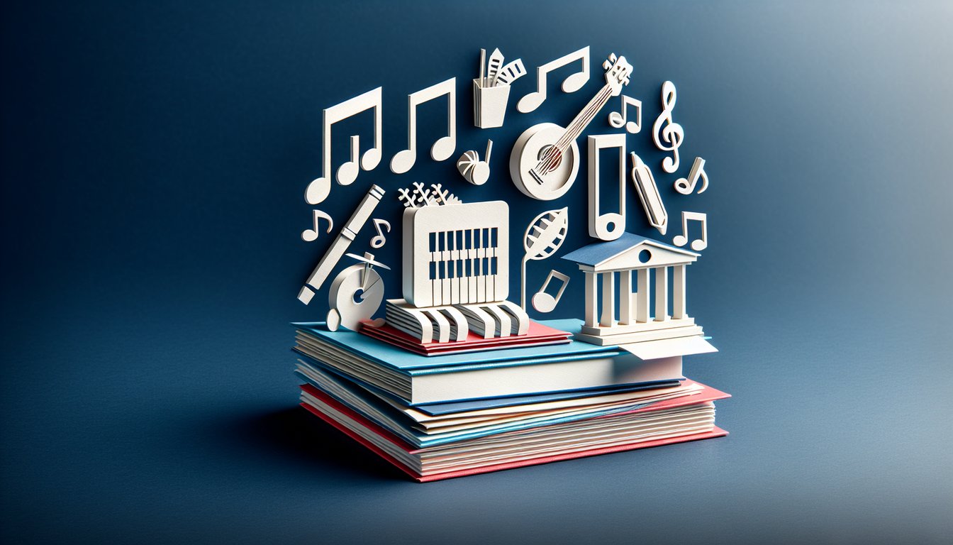 Paper art style high school musical quiz art with layered school motifs singing silhouettes on dark blue background