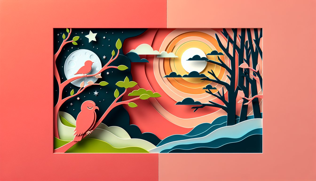 Paper art owl under moon and bird on sun over coral background for night owl or early bird personality quiz