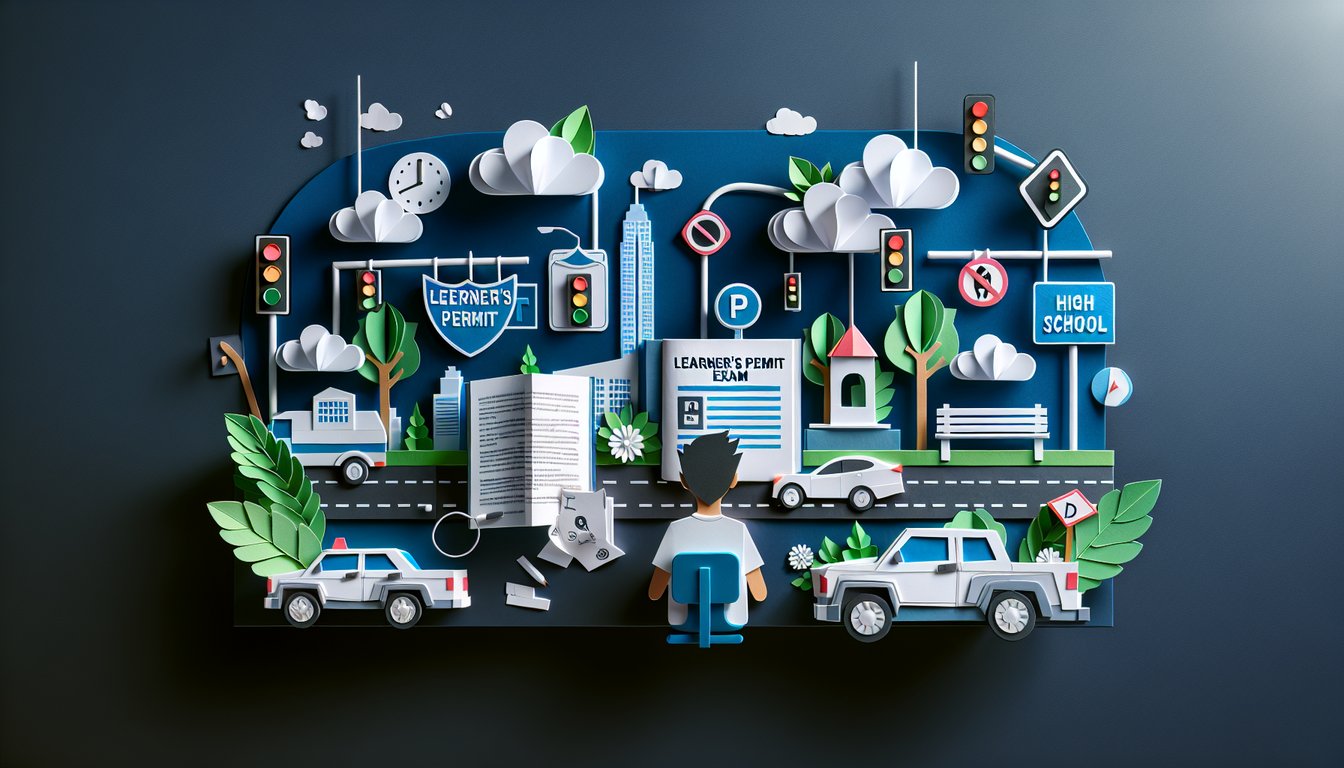 Colorful paper art promoting Georgia Permit Prep trivia quiz for high school students.
