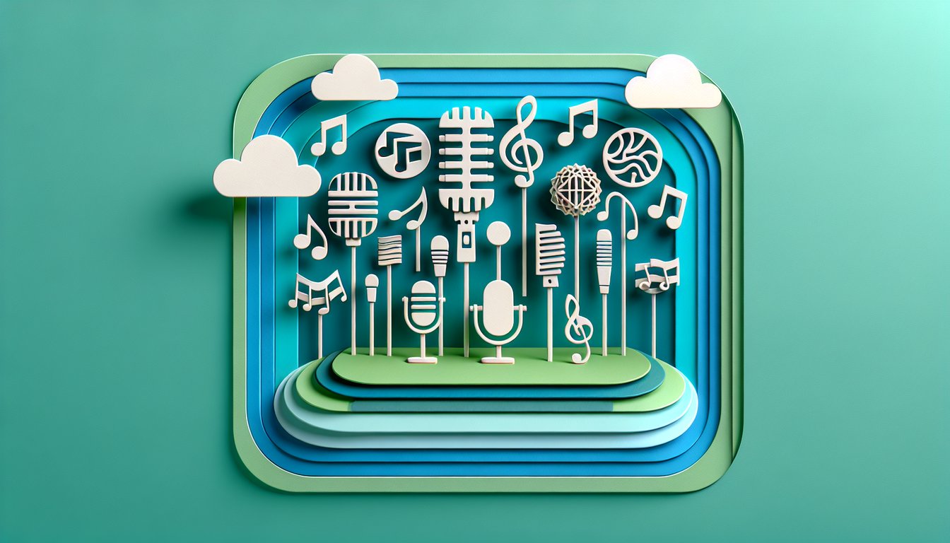 Paper art style microphone with musical notes on teal background for singing quiz revealing unique vocal style.