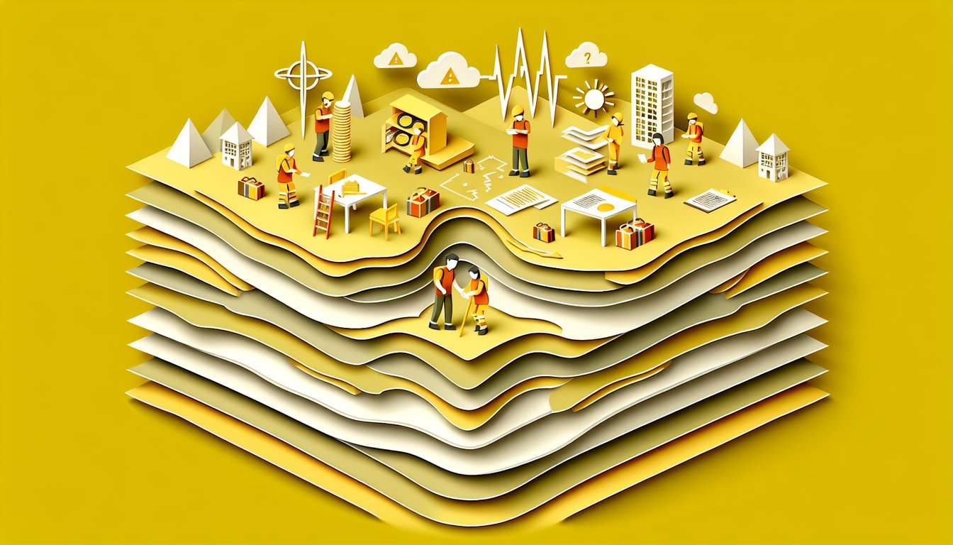 Paper art earthquake quiz scene with seismograph fault line epicenter safety sign question mark on golden yellow background