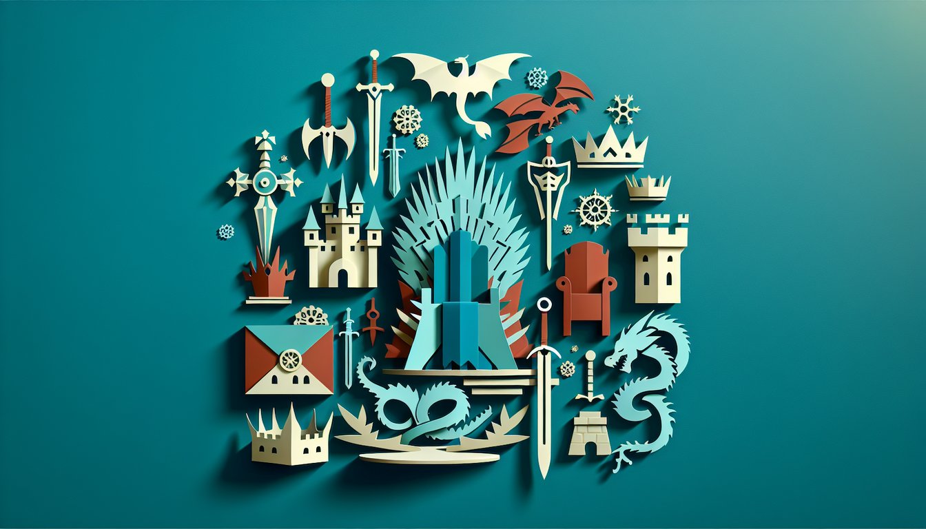 Paper art of Game of Thrones Season 1 trivia quiz with sword crown dragon icons on teal background