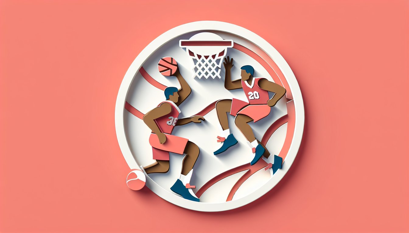 Paper art illustration of quiz76 challenge on coral background featuring Sixers basketball player silhouettes stat charts