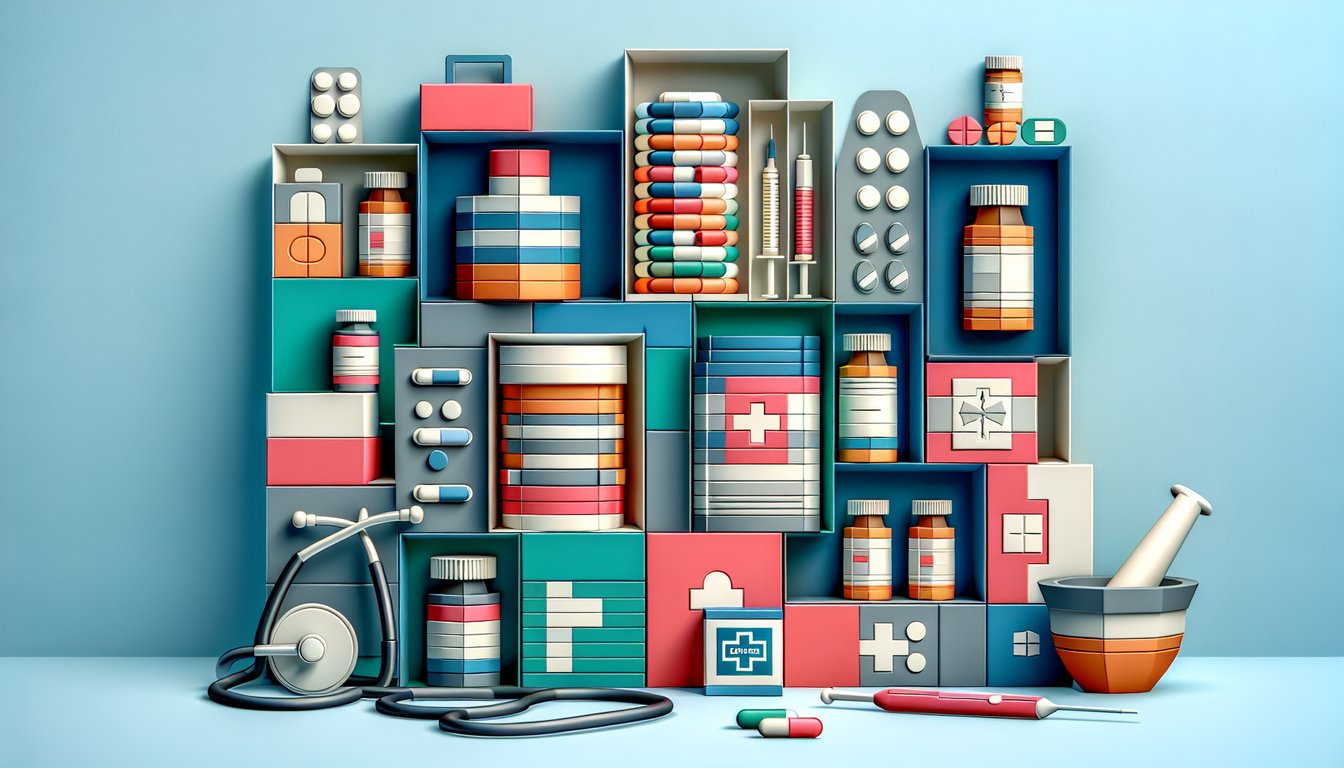 Paper art illustration of pills, bottles on sky blue background for quiz matching brand names to generics