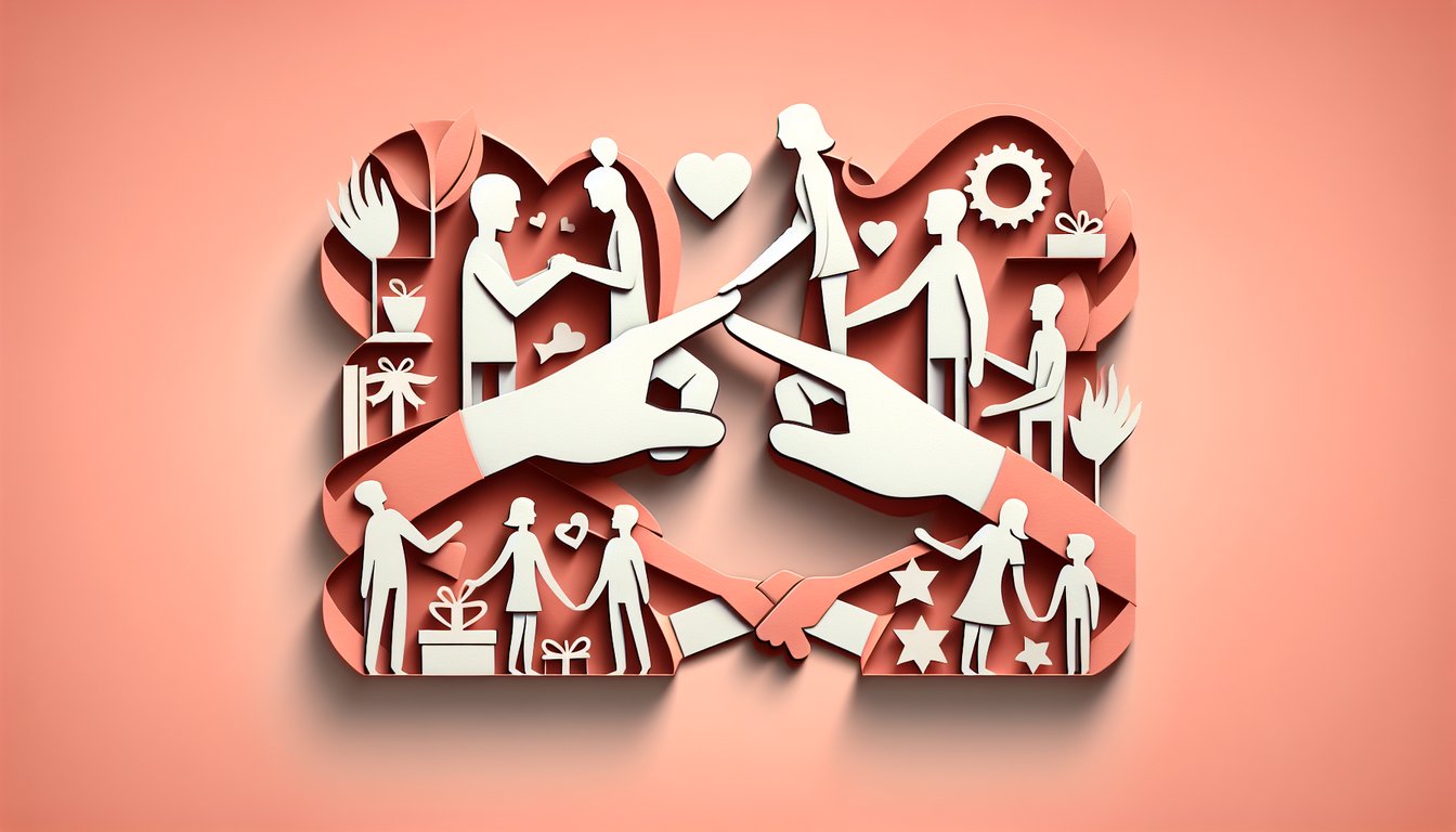Paper art illustration for a friendship quiz on a coral background
