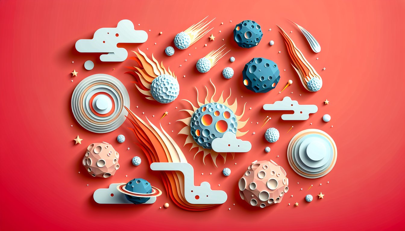 paper art illustration of comets asteroids meteoroids quiz elements on coral background.