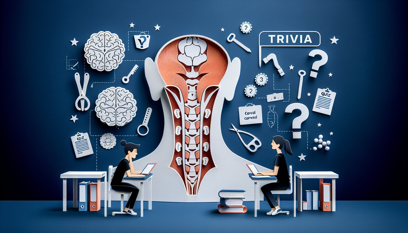 Colorful paper art promoting the Cervical Quiz Challenge for student exam preparation.
