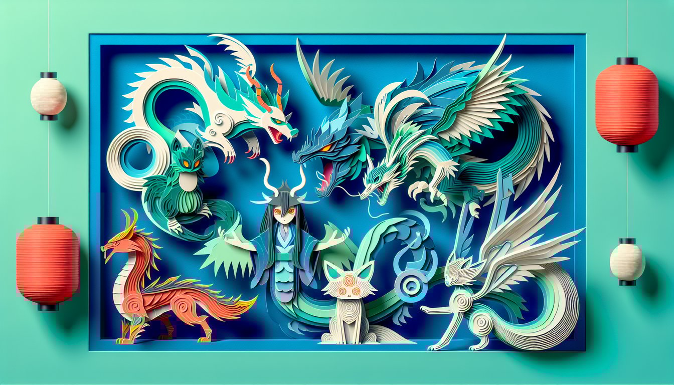 Paper art style anime monster silhouettes on teal background with playful text inviting you to take a free inner beast quiz.