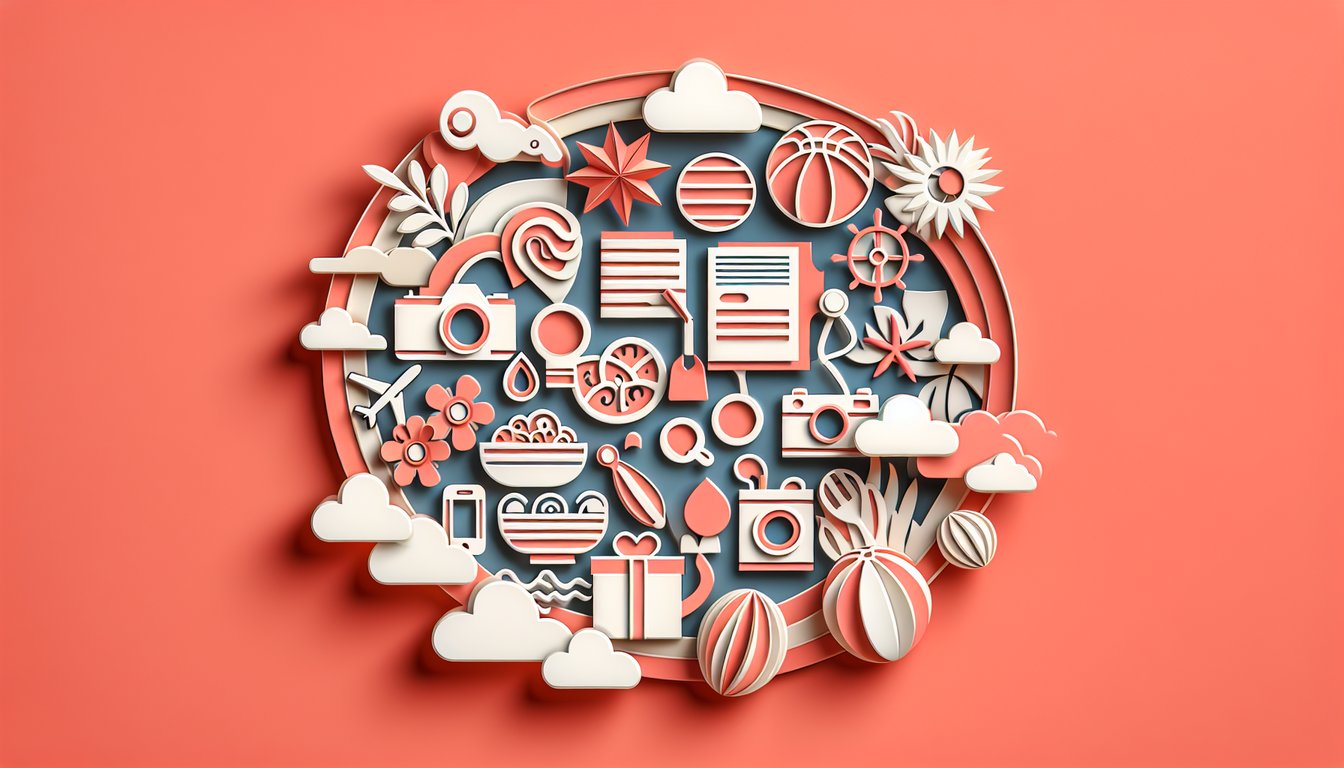 Colorful paper art illustration with quiz elements a computer mouse a pencil speech bubble and stars on a coral background.