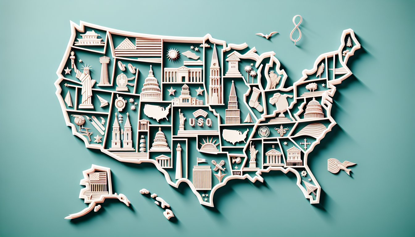 Teal backdrop featuring paper cut US map landmarks capitals quiz elements in layered paper art style