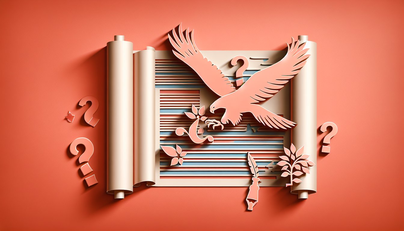 Paper art illustration of a parchment scroll with Constitution preamble lines and quiz icon on coral background.