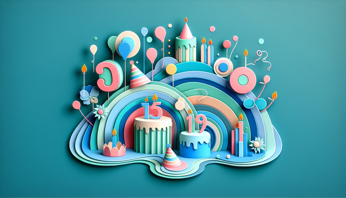 Paper art illustration for age guessing quiz on a teal background