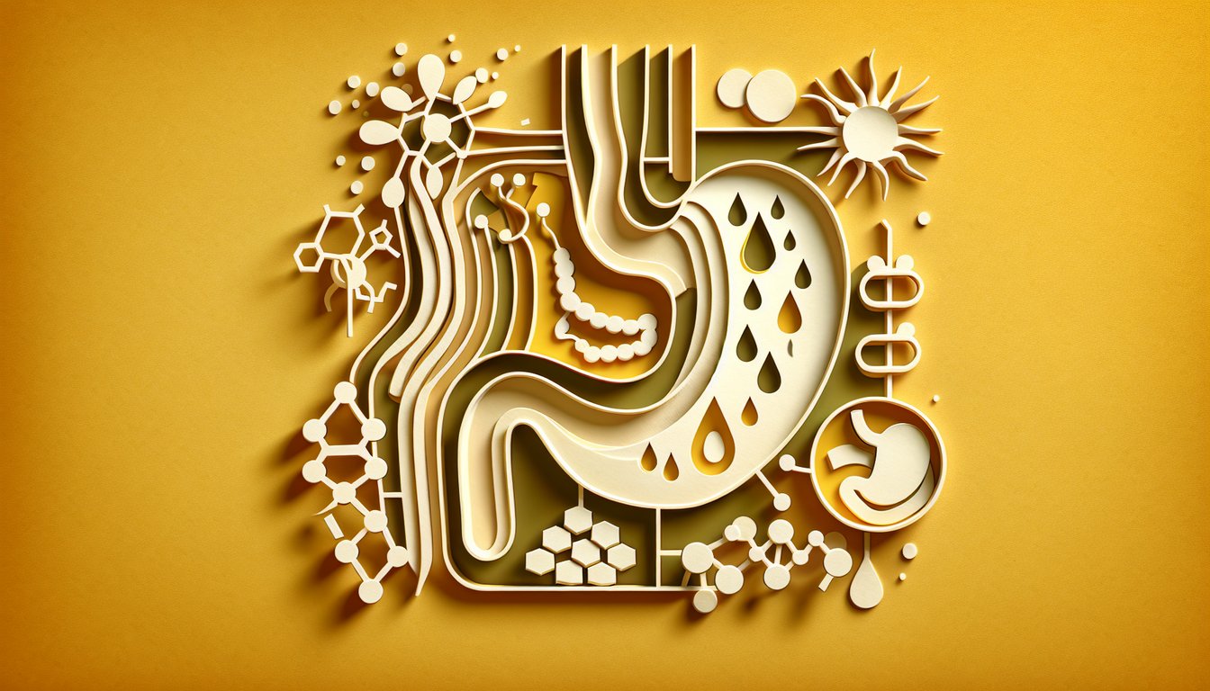 Paper art style digestive organs and enzymes quiz illustration on golden yellow background