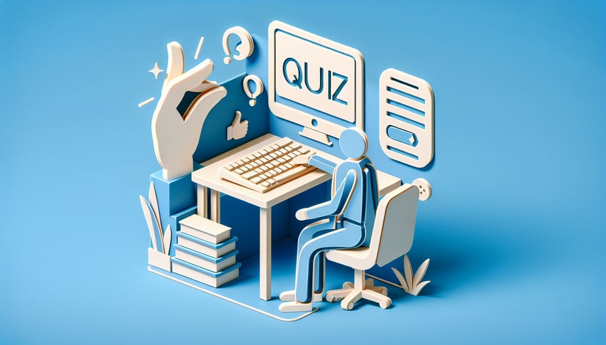 Paper art scene for quiz shows ergonomic typing posture at desk with supportive keyboard wrist rest on sky blue background