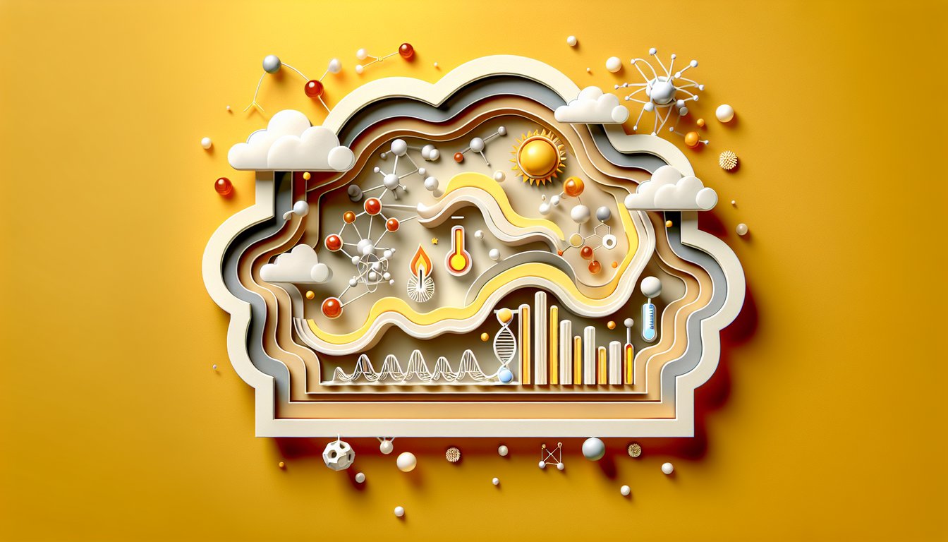 Paper art science icons beaker thermometer heat waves molecules quiz on golden yellow background