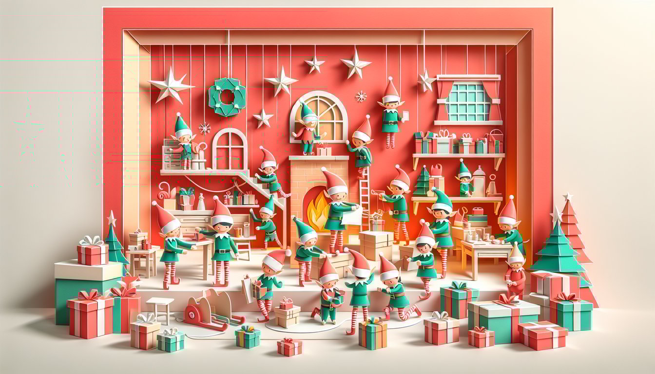 Paper art elf wearing green hat and red suit holds quiz card surrounded by ornaments and gift boxes on coral background