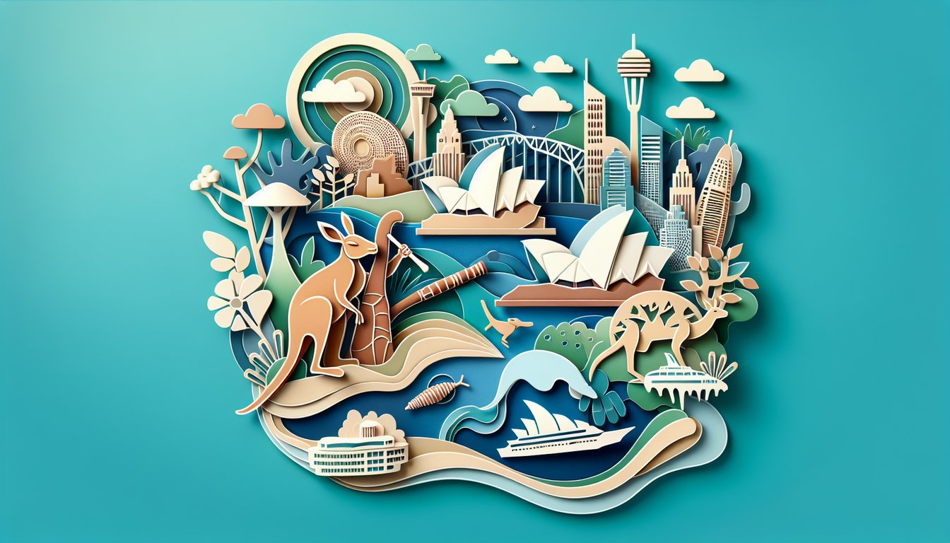 Paper art illustration of Australian landmarks culture and history quiz elements on teal background