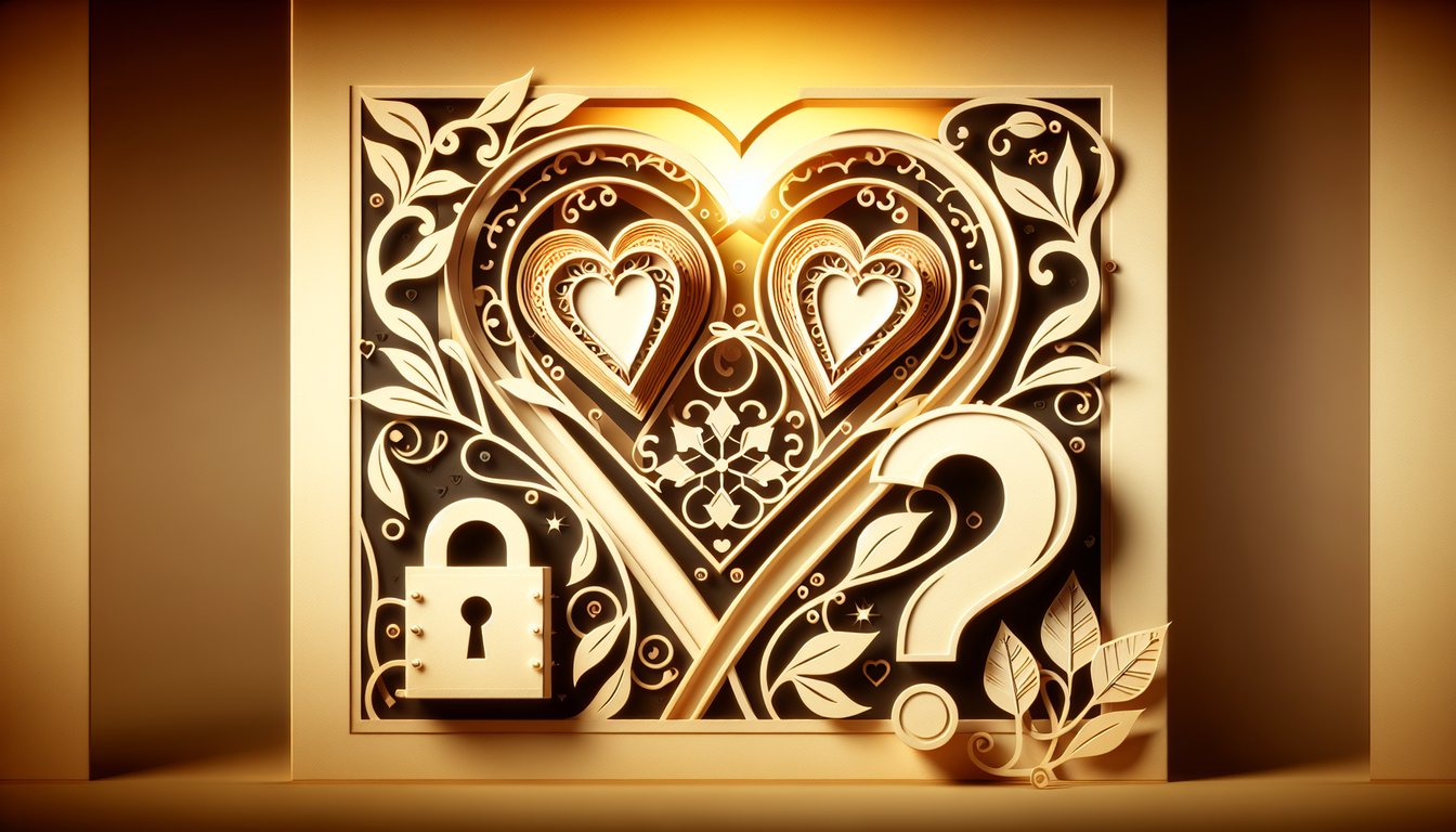 paper art free am i in love quiz prompt with hearts question marks arrows on golden yellow background
