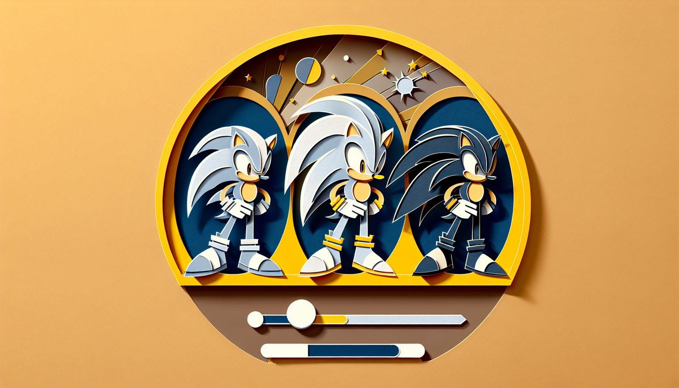 Paper art collage of Silver Shadow and Sonic the Hedgehog on golden yellow background representing a personality quiz