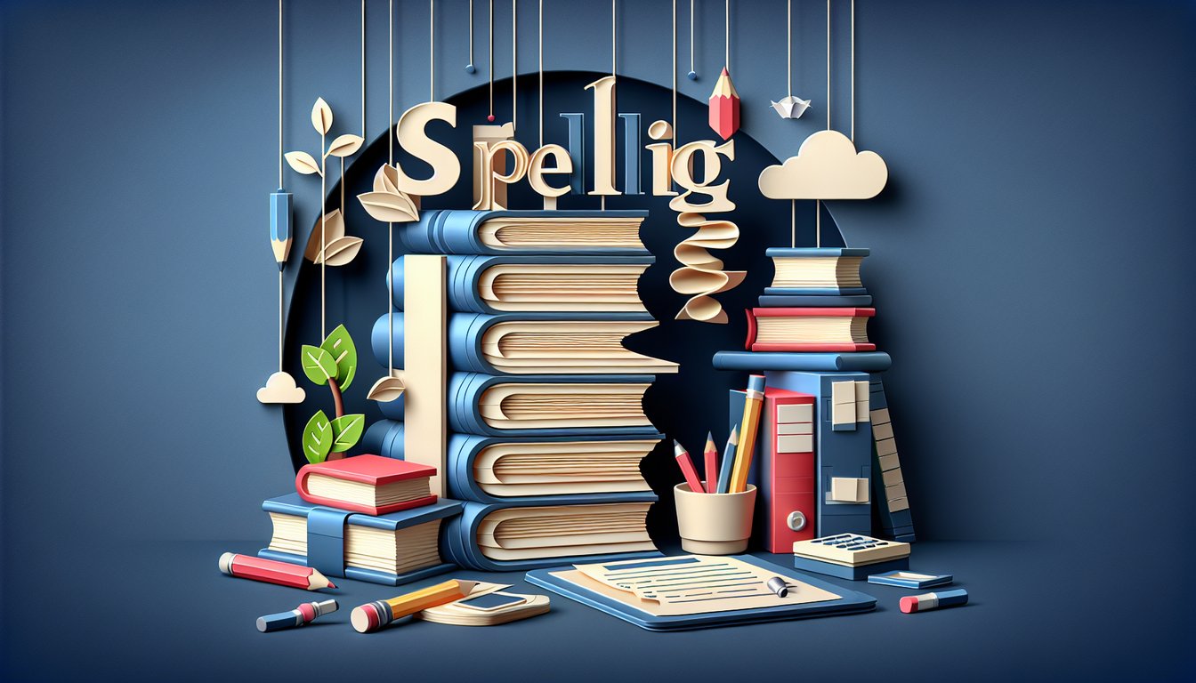 Paper art illustration of open notebook, pencils, scattered letters and quiz heading on dark blue background.