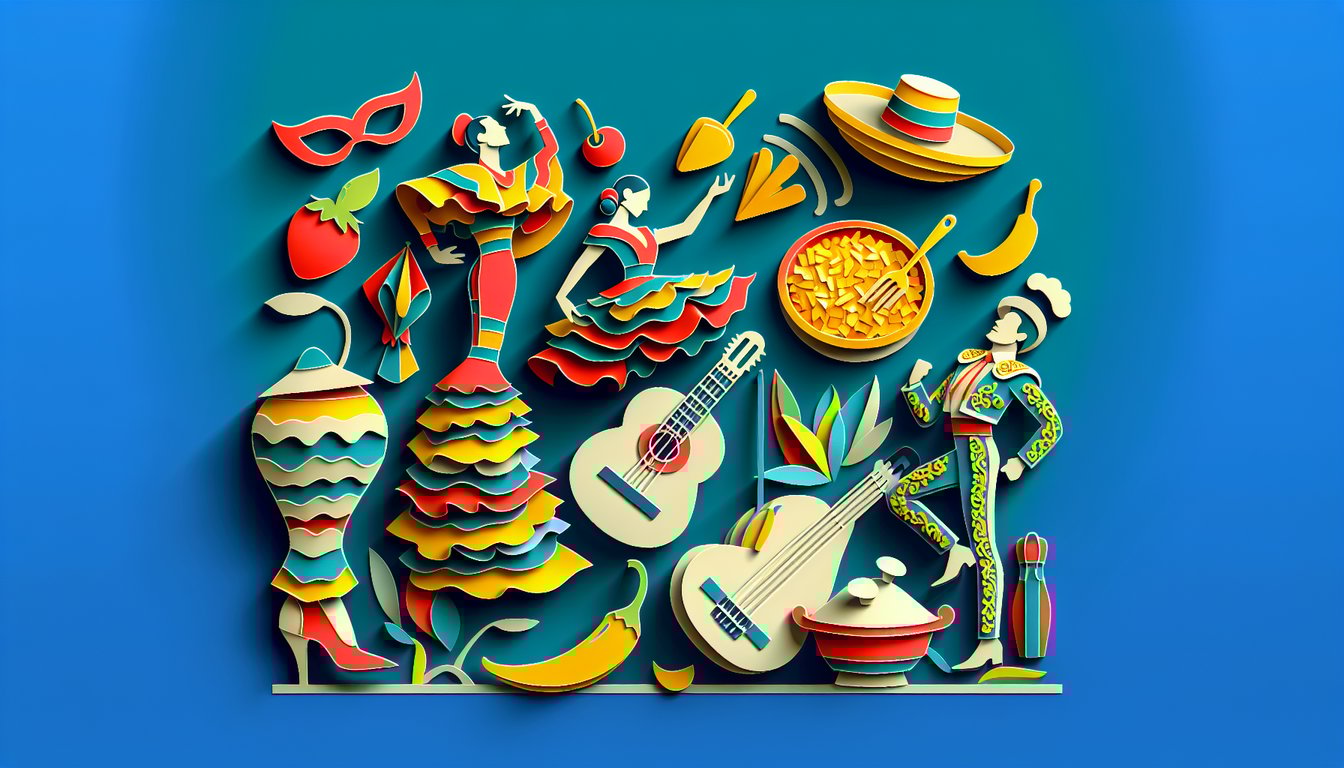 Paper art illustration with layered cutouts of books pencils speech bubbles Spanish vocabulary words on a teal background