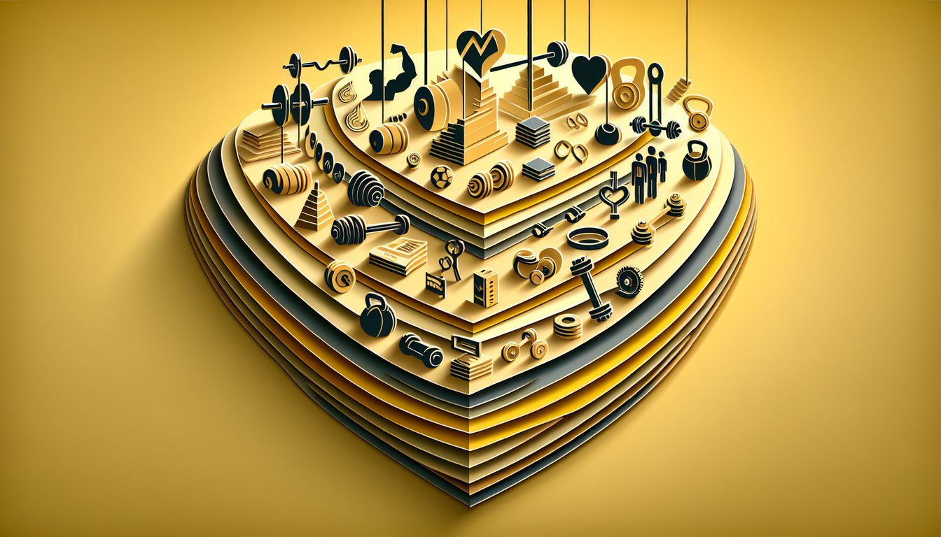 Paper art illustration of fitness icons weights hearts running shoes on golden yellow background for fitness quiz
