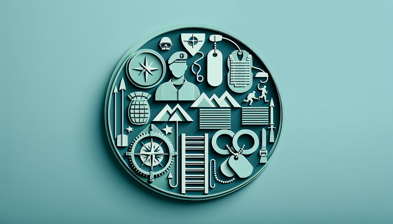 Paper cut artwork showing soldier silhouette dog tags compass and rank stripes on teal background promoting army career quiz