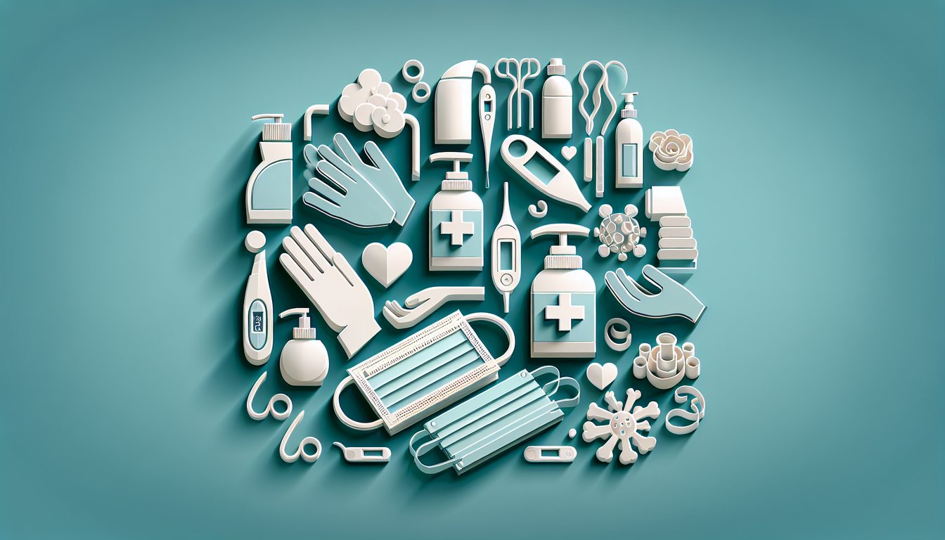 Paper art illustration shows infection control quiz with PPE gloves mask sanitizer and hygiene icons on teal background