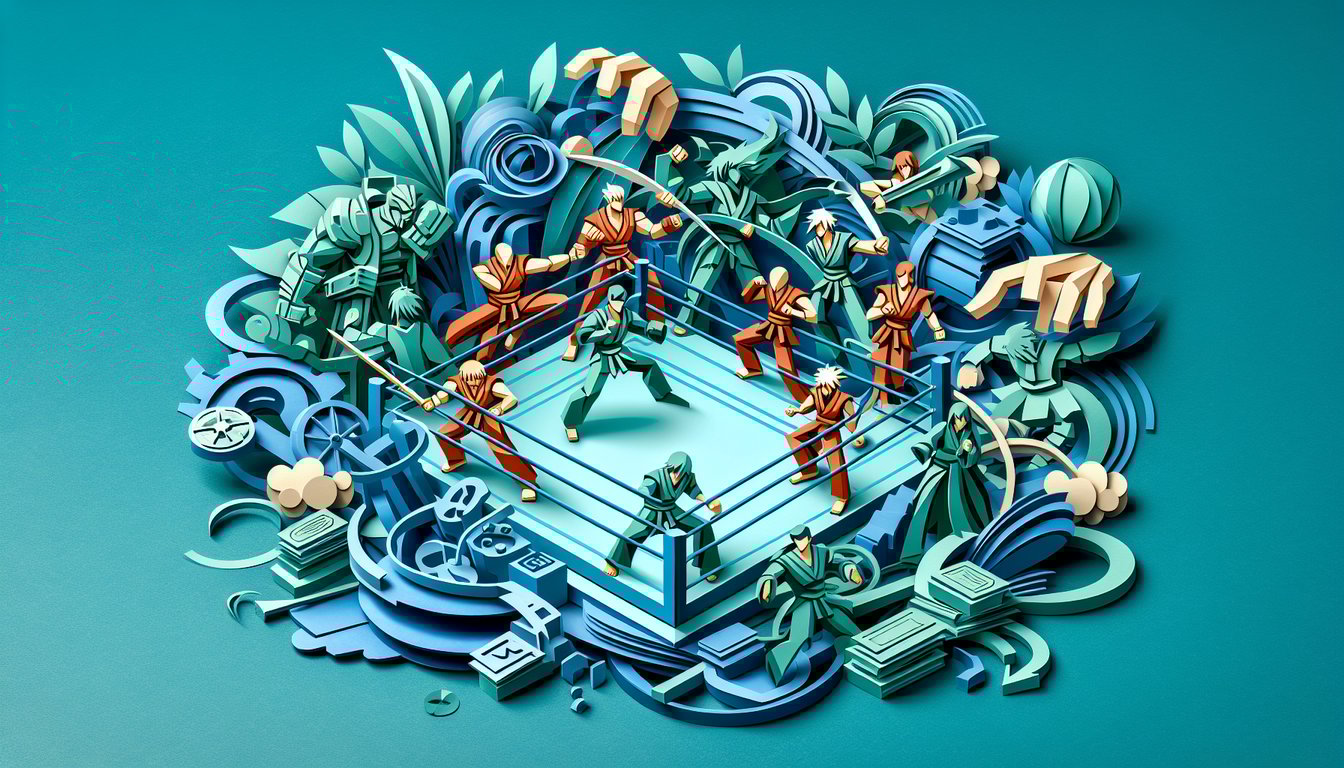 Paper art illustration for Mortal Kombat quiz on teal background