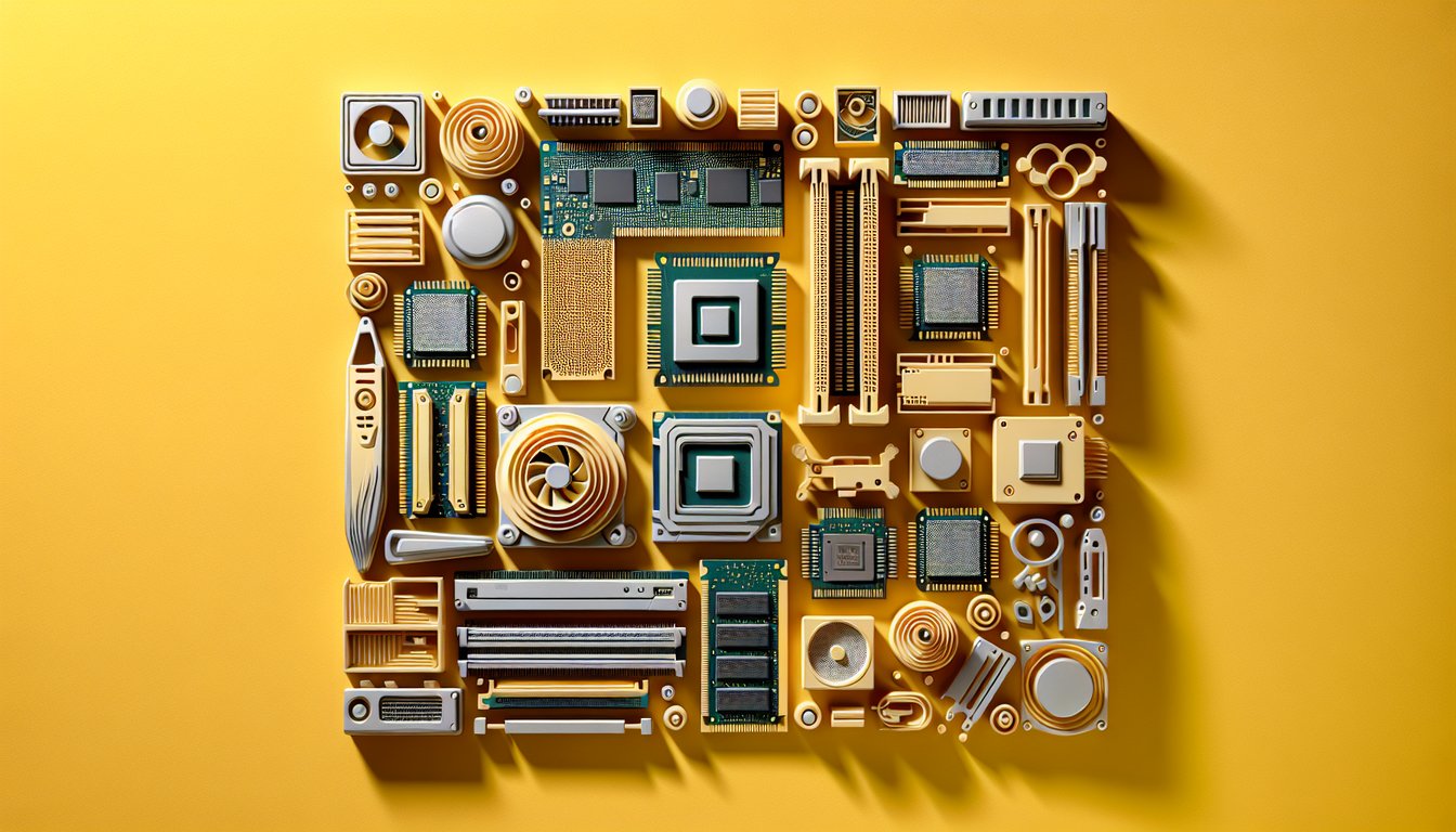 Paper art illustration showing CPU, RAM, motherboard icons on golden yellow background with free computer parts quiz text