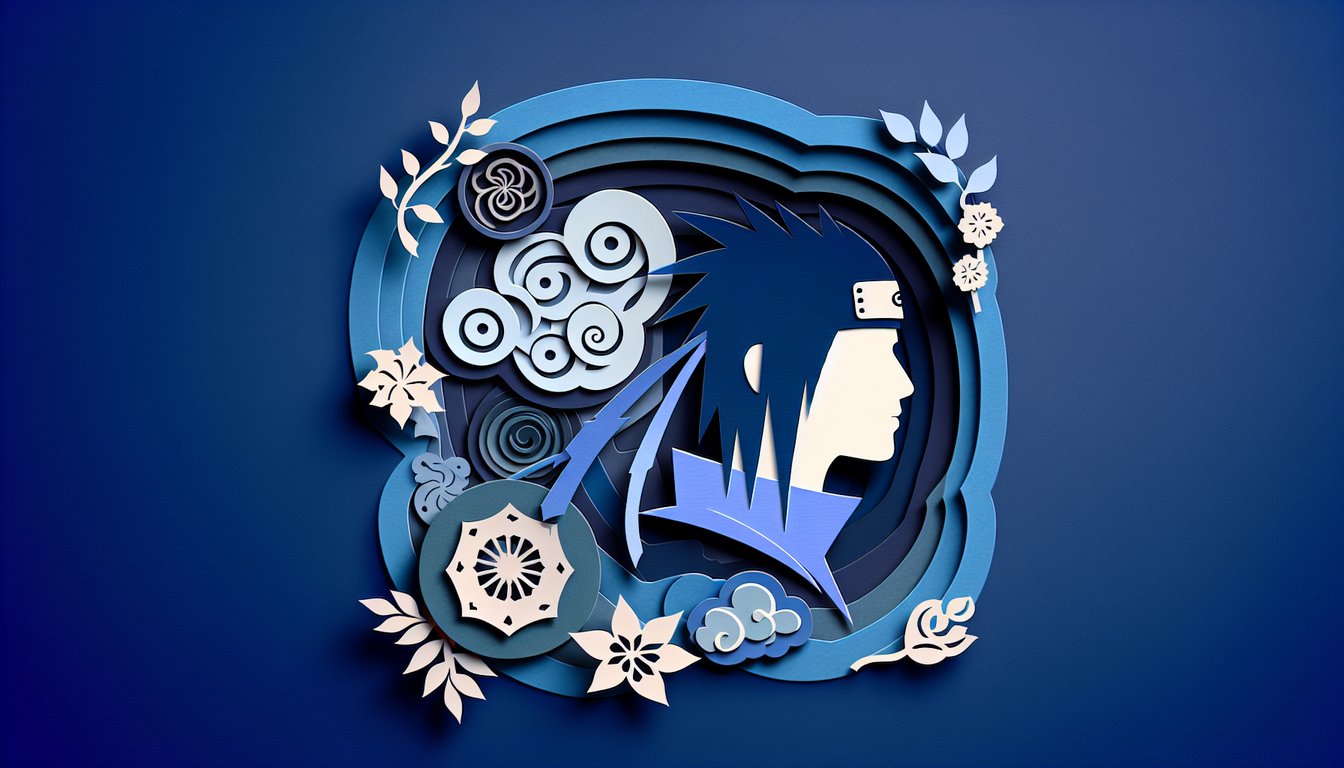 Paper art illustration featuring Naruto quiz theme with stylized ninja silhouettes hearts on dark blue background