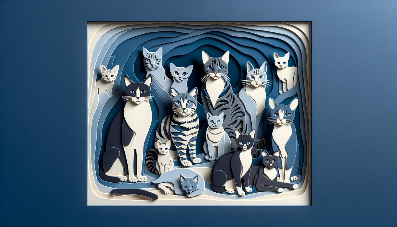 Paper art illustration for a cat breed identification quiz on a dark blue background