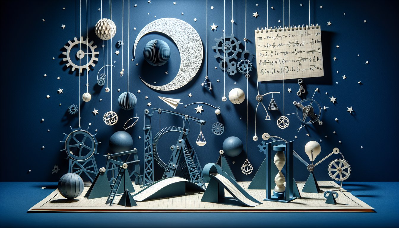 Colorful paper art promoting Kinetics Unleashed high school physics practice quiz.