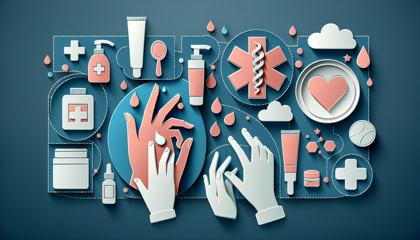 Paper art style skin layers with red eczema rash shapes and quiz text on dark blue background