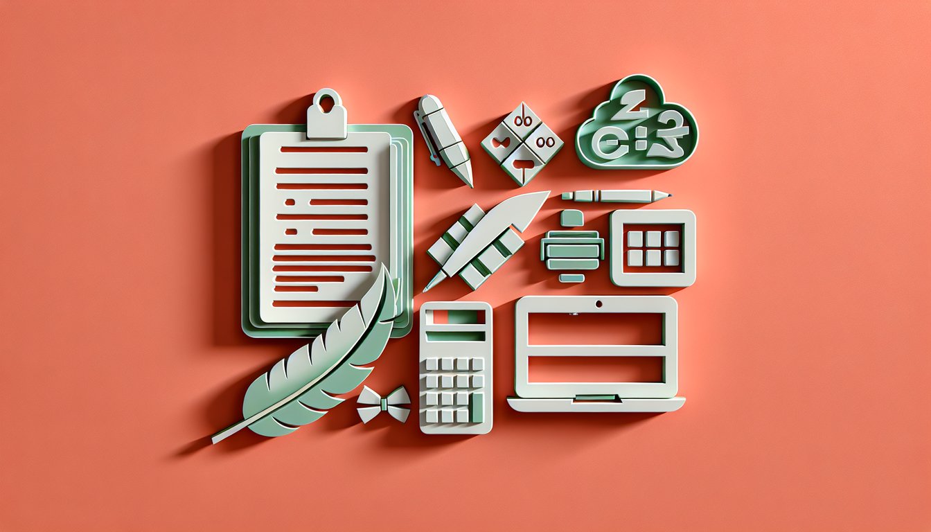 Paper art illustration with Word Excel PowerPoint icons and quiz prompt on coral background.