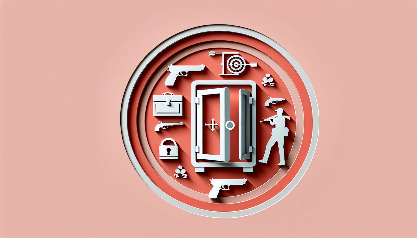 Paper-cut art of a handgun safety quiz page with bullet icons and checkmarks on coral background