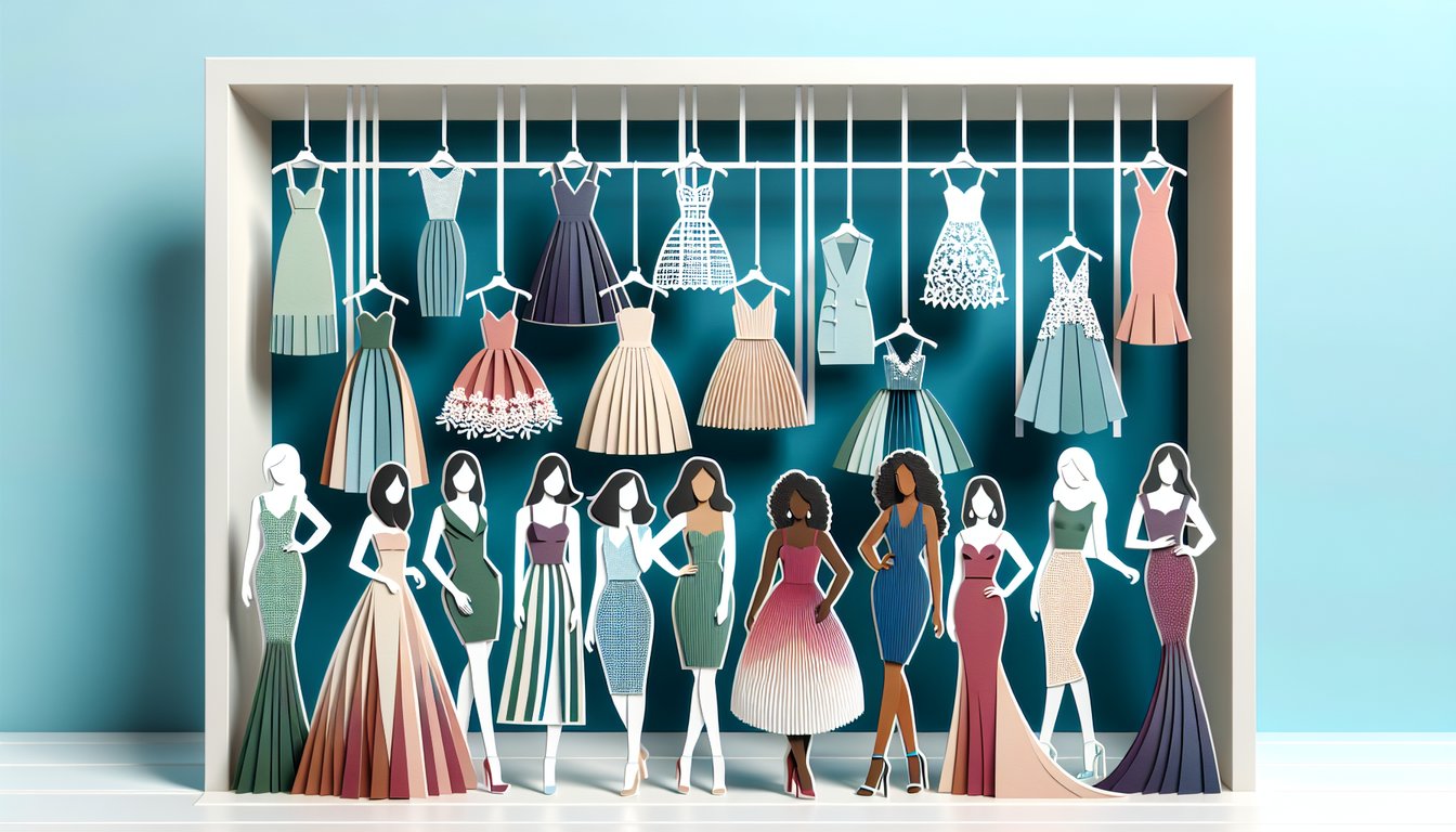 Paper art illustration of various dresses on sky blue background for free dress style quiz challenge.