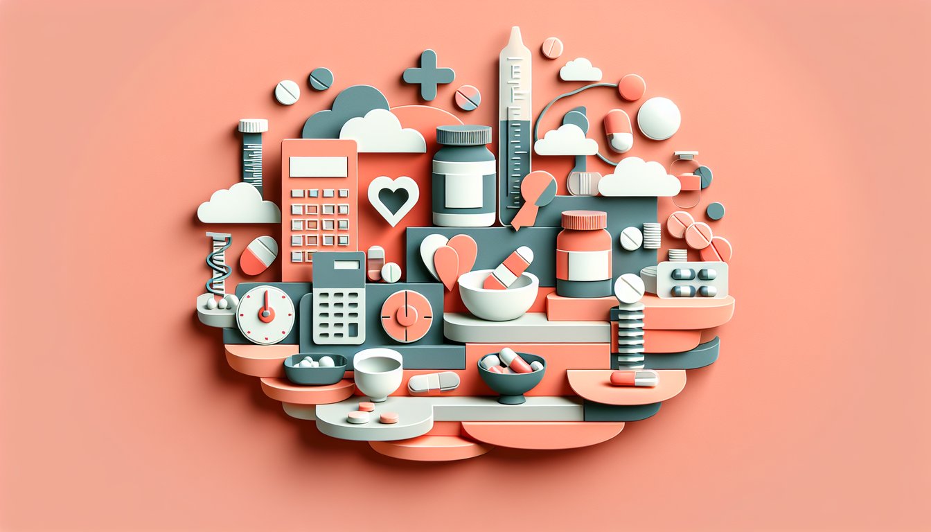 Paper art illustration for PTCB practice quiz with pharmacy tech math problems on a coral background.