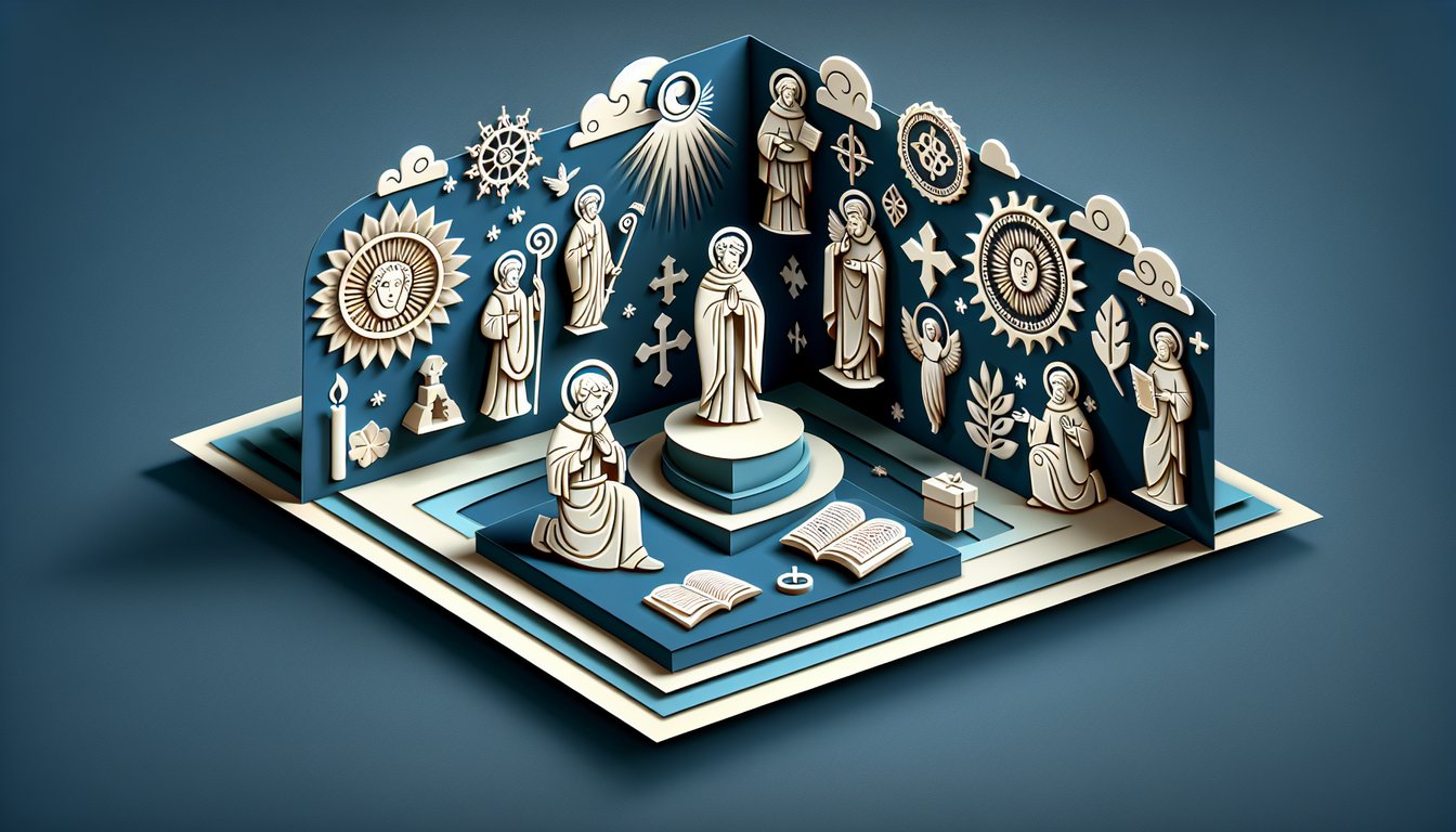 Paper art illustration for Patron Saint quiz on dark blue background