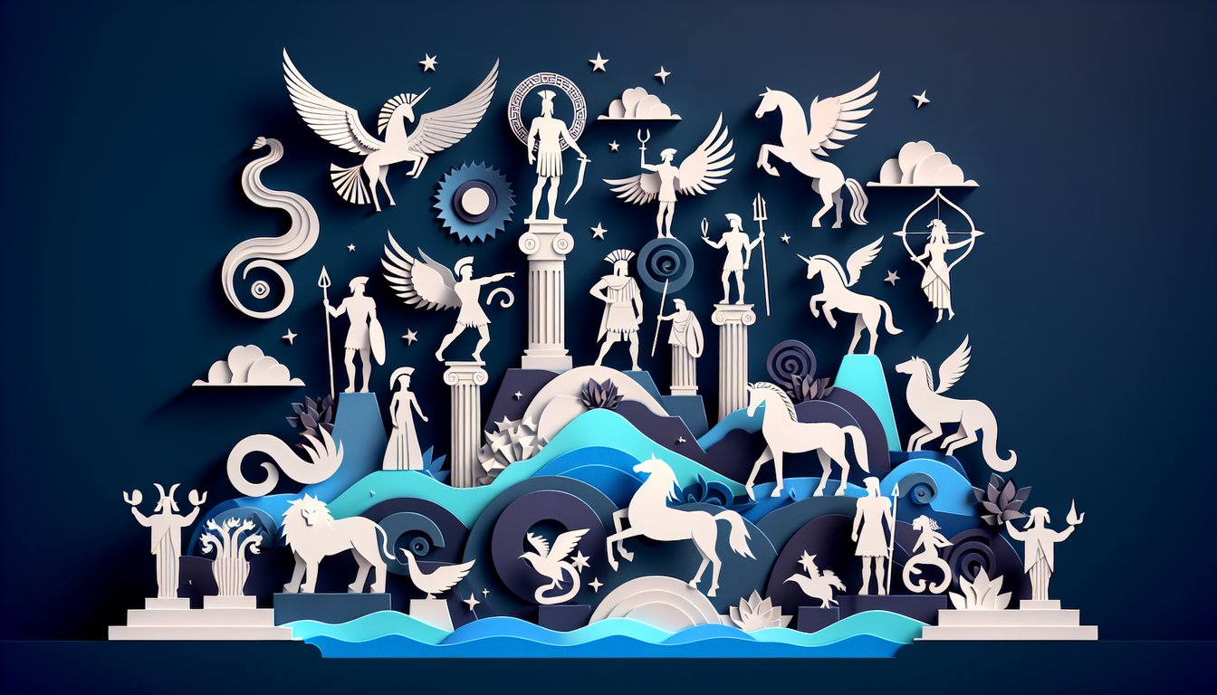 Paper art showcasing the Olympus Myth Challenge, a Greek mythology trivia for high school students.