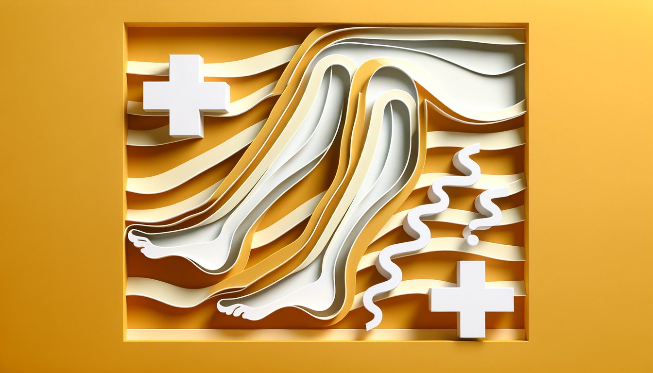 Paper art style legs question marks and quiz prompt on golden yellow background for free restless leg syndrome symptom test